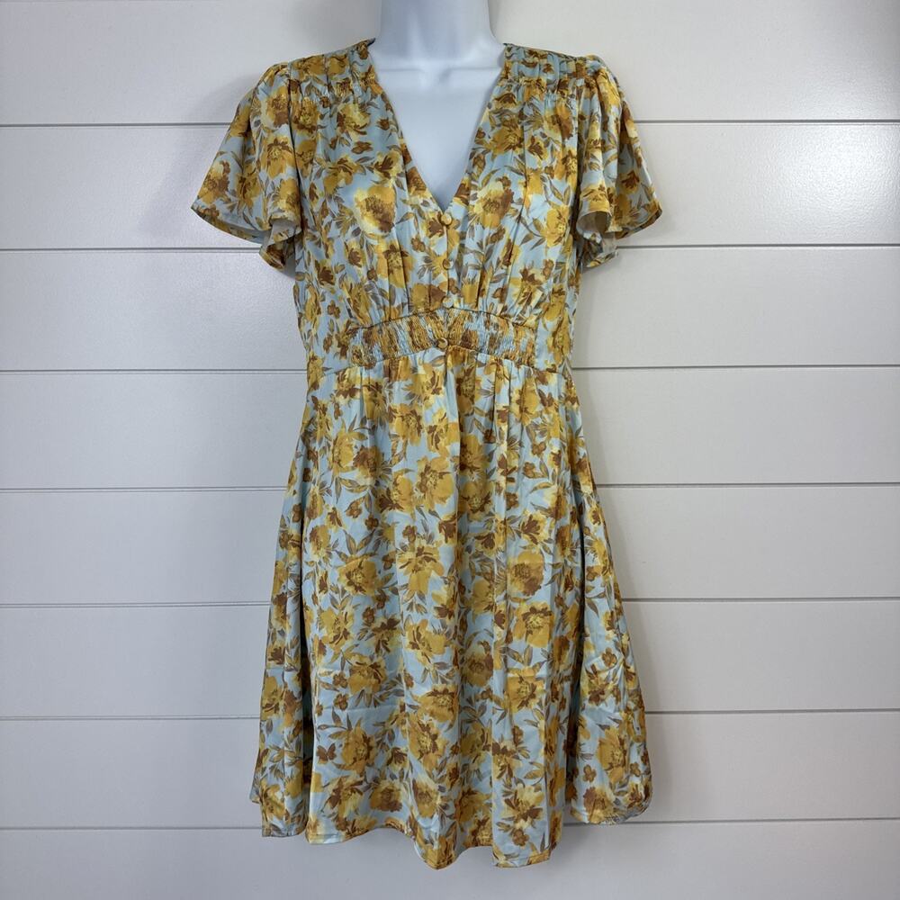 GREYLIN A-Line Dress Short Sleeve Blue Yellow Floral Print sz S